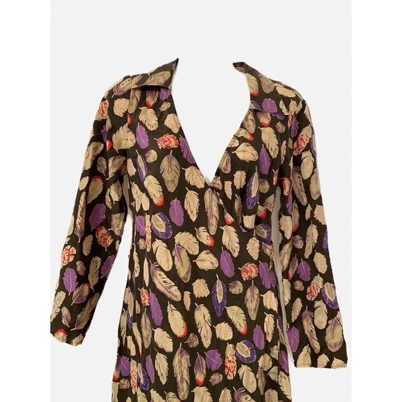 Poleci Silk Feather Print Faux Wrap Dress - Picture 2 of 8